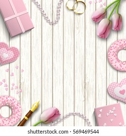 Romantic background with pink objects on white wooden pattern, inspired by flat lay style, vector illustration, eps 10 with transparency and gradient meshes