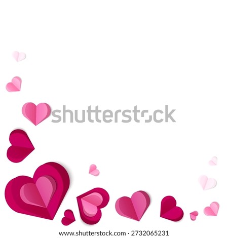Romantic background with pink paper cut hearts in the bottom and left corner on white backdrop for Valentines Day, wedding invitations, love cards, social media posts, banners,print templates.Vector 