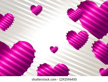 Romantic background with pink, purple hearts on a white background with silk stripes, wallpaper. vector illustration eps 10