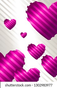 Romantic background with pink, purple hearts on a white background with silk stripes, wallpaper. vector illustration eps 10