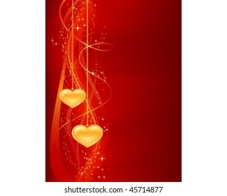 Romantic background in red gold with hearts. Vertical abstract background for your romantic designs. Great for Valentines day, etc. Use of blends, clipping mask, gradients, global color swatches.