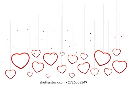 Fondo romántico con corazones colgantes rojos en cuerdas, símbolos de amor decorativos para el día de San Valentín, invitación de boda y diseño de tarjeta de felicitación de aniversario.