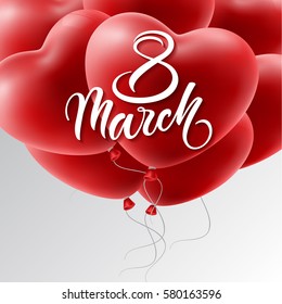 Romantic background with red heart shape balloon. 8 March. Vector illustration