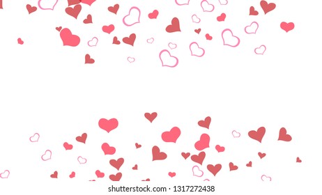 Romantic background. Red hearts of confetti are falling. Red on White fond Vector. Design element for wallpaper, textiles, packaging, printing, holiday invitation for birthday.