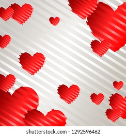 Romantic background with red hearts on a white background with silk stripes, wallpaper. vector illustration eps 10