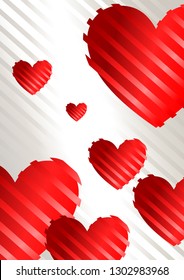 Romantic background with red hearts on a white background with silk stripes, wallpaper. vector illustration eps 10
