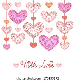 Romantic background with red hearts on a white background