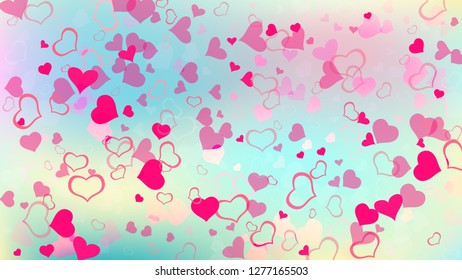 Romantic background. Red on Gradient fond Vector. Red hearts of confetti are flying. A sample of wallpaper design, textiles, packaging, printing, holiday invitation for birthday.