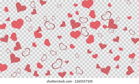 Romantic background. Red on Transparent background Vector. Red hearts of confetti are falling. The idea of wallpaper design, textiles, packaging, printing, holiday invitation for birthday.