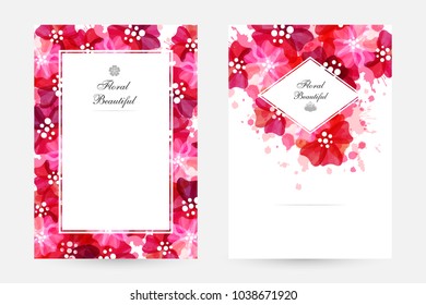 Romantic background with red and pink poppies and paint splashes. Floral design for cosmetics product or wedding invitation. Vertical posters with frame and borders decoration.