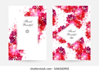 Romantic background with red and pink poppies and paint splashes. Floral design for cosmetics product or wedding invitation. Vertical posters with decorative elements