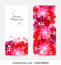 Romantic background with red and pink poppies and paint splashes. Floral design for cosmetics product or wedding invitation. Vertical flyers.