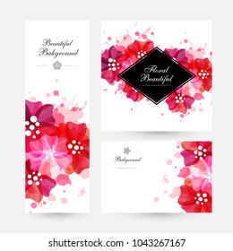 Romantic background with red and pink poppies and paint splashes. Floral design for cosmetics product or wedding invitation. Banners collection. Vertical flyer, rhombus frame and gift card.