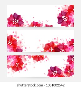 Romantic background with red and pink poppies and paint splashes. Floral design for cosmetics product or wedding invitation. Horizontal banners with copy space