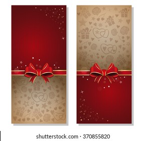 Romantic background with red ribbon and bow. Design elements for wedding or Valentine's Day. Vintage vector blank for flyers.