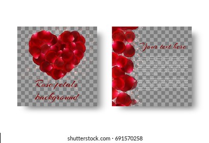 Romantic background with red rose petals in the shape of a heart for congratulations on Valentine's Day or Mother's Day.