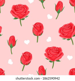 Romantic background with red roses. Seamless pattern. Beautiful blooming flowers and hearts. Vector illustration in cartoon flat style.