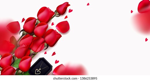 Romantic background with red roses,flying petals and jewelry box