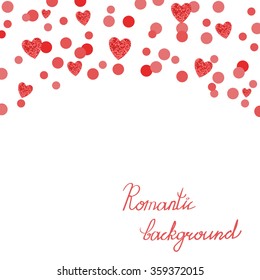 Romantic background with red sparkling hearts on white. Valentines design. 