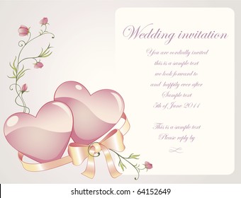 Romantic background with rose branch, hearts and silk ribbon