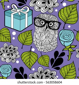 Romantic background with smart owl and blue roses. Vector seamless pattern.