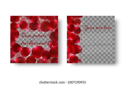 Romantic background with sparkles and red petals falling on a transparent backdrop.