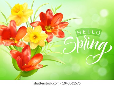 Romantic background with spring flowers bouquet and greeting. Vector illustration.