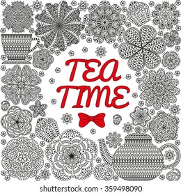 Romantic background with teapot, cup, muffins, flowers. Tea branding design in black, red and white colors. Romantic flower pattern. Floral texture. Detailed vector illustration. 