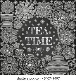 Romantic background with teapot, cup, muffins, flowers. Curtain or tablecloth design. Vector illustration. 