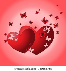 Romantic background of two hearts, flying butterflies and sitting on the heart.  Greeting card. Valentine's day concept.  Pink background. Illustration. Vector.