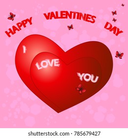 Romantic background of two hearts, flying butterflies and sitting on the heart.  Greeting card. Valentine's day concept.  Illustration. Vector.