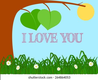 romantic background with two leaves (hearts) on tree and text I Love You