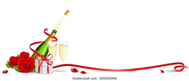 Romantic background for valentines day with two champagne glasses, roses and gift box