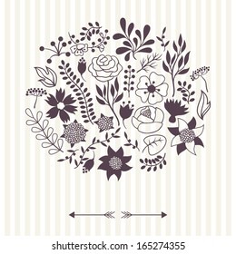 Romantic background of various flowers in retro style.