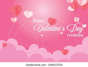 Fondo romántico Diseño de pancarta vectorial de día de San Valentín rosa con ornamento de globo de amor, nube y caja de regalo. También apto para un elegante folleto, portada, afiche web, volante, tarjeta de saludo.