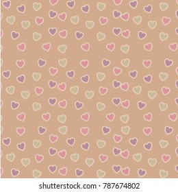 Romantic background. Vector texture of small transparent hearts pink, purple and green. Gentle beautiful pattern.