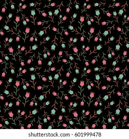 Romantic background for web pages, wedding invitations, textile, wallpaper. Seamless watercolor floral pattern in blue, pink and brown colors on a black backdrop.