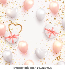 Romantic background for wedding, Valentine's Day and birthday. Realistic design element, white and pink balloons, heart-shaped gift boxes, rose petals. Golden confetti. gold metal love heart. Vector