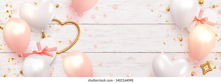 Romantic background for wedding, Valentine's Day and birthday. Realistic design element, white and pink balloons, heart-shaped gift boxes, rose petals. Golden confetti. gold metal love heart. Vector