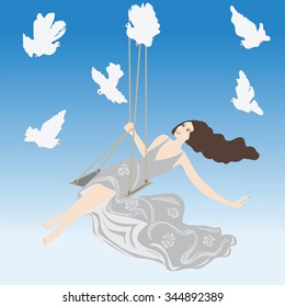 romantic background is white doves flying in the blue sky woman on a swing vector