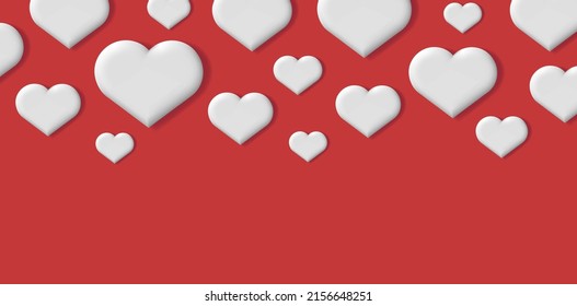 Fondo romántico con los corazones de volumen blanco sobre fondo rojo, cayendo desde arriba. Ilustración del vector
