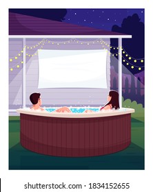 Romantic Backyard Date Semi Flat Vector Illustration. Partners In Hot Tub Watch Movie On Projection Screen. Large Blank Display At Home. Married Couple 2D Cartoon Characters For Commercial Use