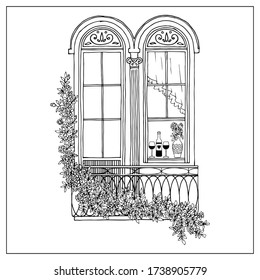Romantic balcony with flowers. Hand draw doodle graphics.