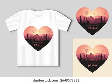 Romantic Bali island sunset landscape vector in heart shape with realistic t shirt mockup perfect for travel prints souvenirs gifts and Indonesian design projects