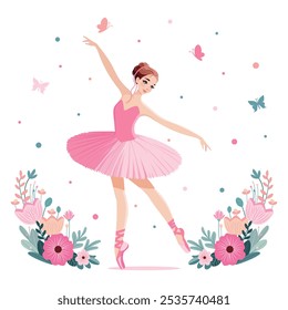 Bailarina romántica en vestido rosa bailando sobre fondo blanco con flores y mariposas . Ilustración vectorial en estilo plano de dibujos animados