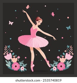 Bailarina romántica en vestido rosa bailando sobre fondo oscuro con flores y mariposas . Ilustración vectorial en estilo plano de dibujos animados