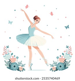 Bailarina romântica em vestido branco dançando sobre fundo branco com flores e borboletas . Ilustração vetorial em estilo de desenho animado plano