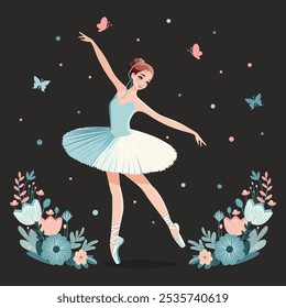 Bailarina romántica en vestido blanco bailando sobre fondo oscuro con flores y mariposas . Ilustración vectorial en estilo plano de dibujos animados