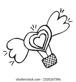 Romantic balloon with wings and hearts. Cute design element in doodle style for Valentine s Day, wedding invitation, love logo template. Abstract love symbol. Vector illustration.