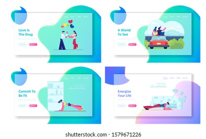 Romantic Balloons Date, Couple Travel, Sport at Home Website Landing Page Set. Vacation Escape by Car, Trip. Fitness Plank Exercise Healthy Lifestyle Web Page Banner. Cartoon Flat Vector Illustration